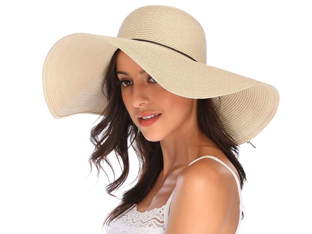 Lanzom Womens Wide Brim Straw Hat Floppy Foldable Roll up Cap Beach Sun Hat UPF 50+