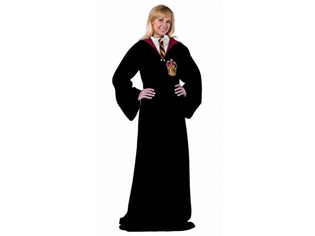 Front View of Female wearing "Hogwarts Rules" Adult Comfy Throw Blanket with Sleeves