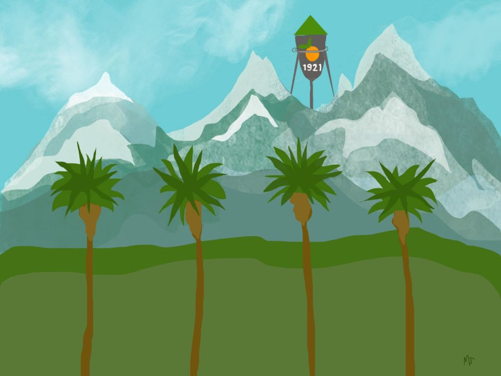 Illustration of palm trees with mountains in the background.