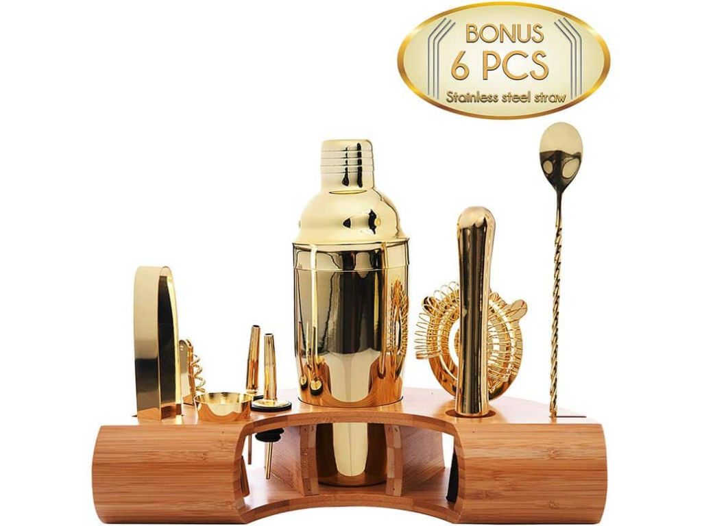 Omishome Complete Bartender Mixology Kit - Elegant Gold Finish Stainless Steel Cocktail Shaker Set with Bamboo Stand and 6 BONUS Sturdy Stainless Steel Straws