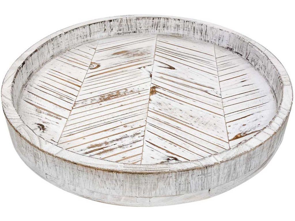 Paper And Pallet Rustic White Herringbone Wood Lazy Susan - Distressed Farmhouse Turntable Tray, Cabinet Organizer, and Dining Table Centerpiece 12.5 Inch