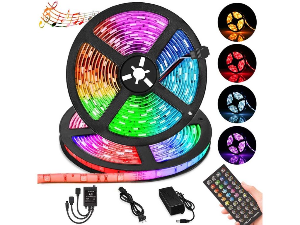 LED Strip Lights, Iusmnur 32.8ft/10m RGB Waterproof TV Lights with 44 Keys IR Remote and 12V Power Supply, SMD5050 Music Sync Color Changing Light for TV Home Bedroom Kitchen Bar Party Decoration