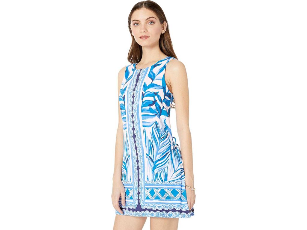 Woman wearing Lilly Pulitzer blue romper dress