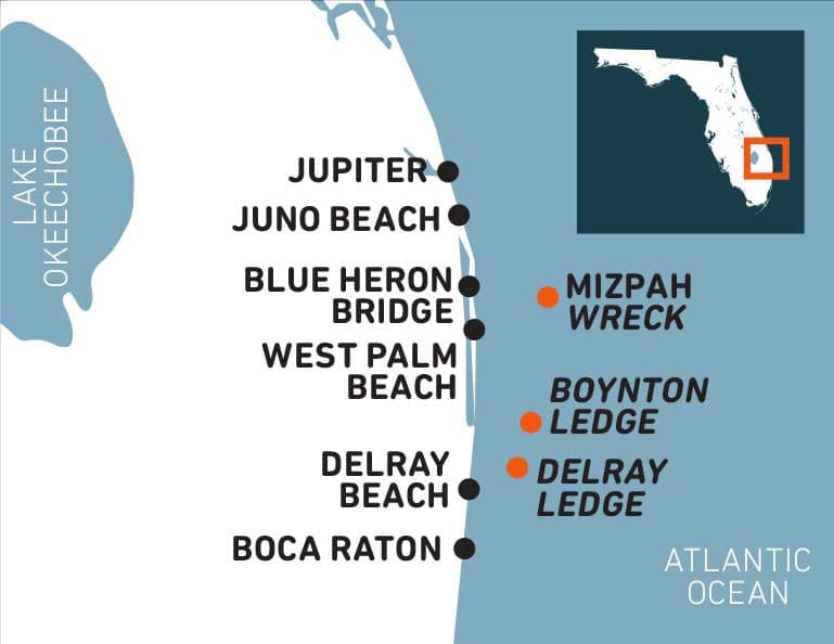 map of dive sites in Palm Beach County