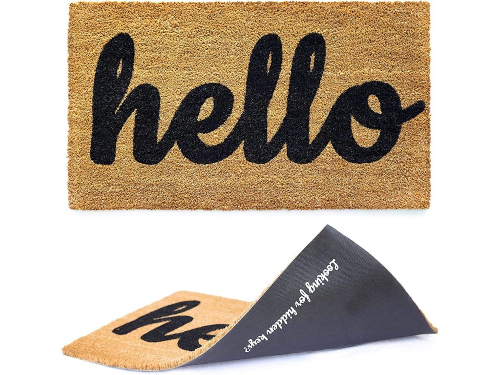 Welcome mat | Hello Door mat for Front Door | Entryway Outdoor Floor mat | Cursive Hello mat with Fun “Looking for Hidden Keys?” Print on The Back | Natural Coconut Coir | Brown Mat with Black Font |