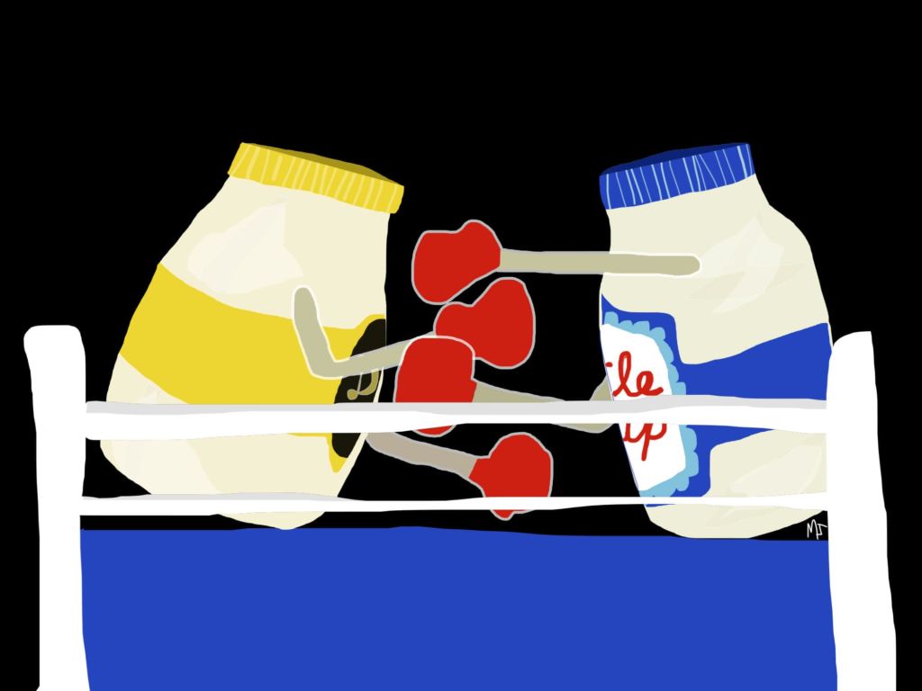 Illustration of two jars of mayonnaise in a boxing ring.