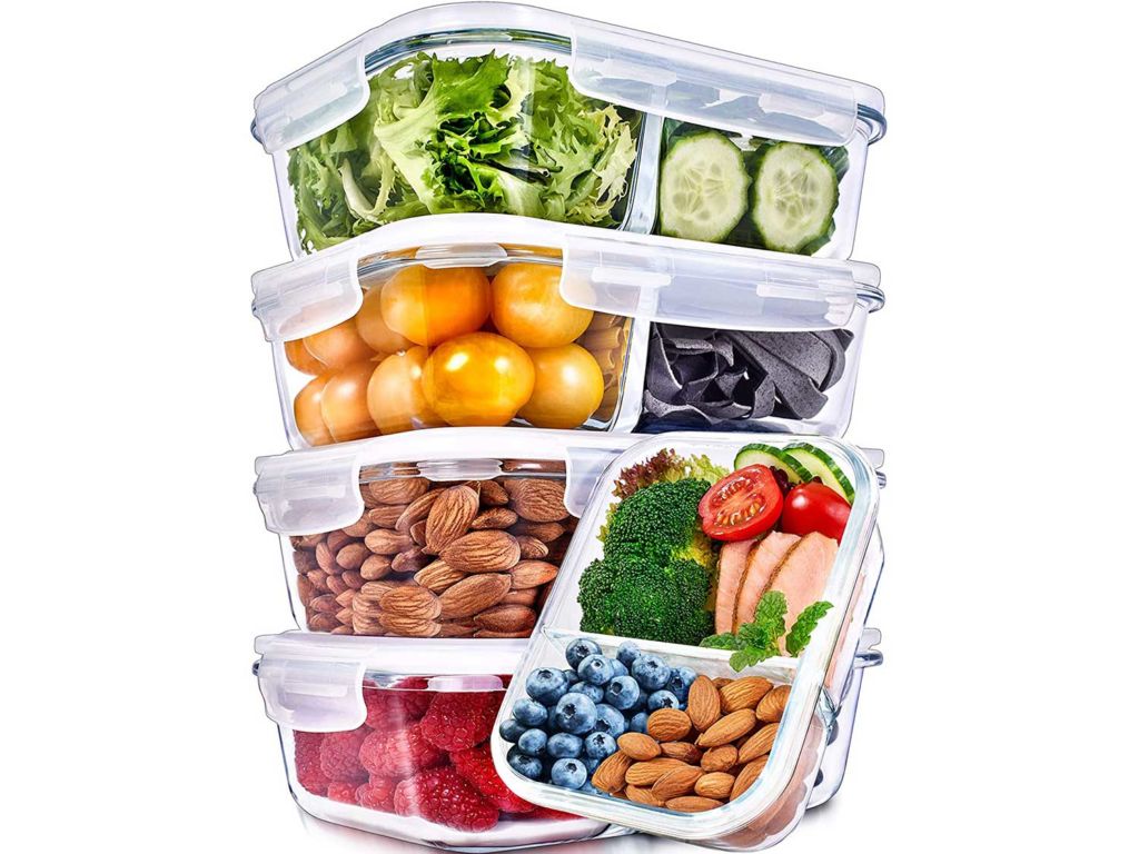 Glass Meal Prep Containers 2 Compartment Meal Prep Containers Glass (36 Ounce, 5 Pack) - Glass Food Prep Containers Glass Divided Lunch Containers Glass Lunch Containers with Lids Glass Containers