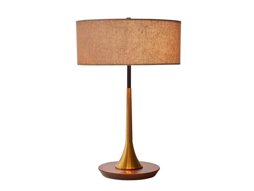 Amazon Brand – Rivet Mid-Century Modern Curved Brass Table Desk Lamp With LED Light Bulb - 14.3 x 21.7 Inches, Brass and Walnut