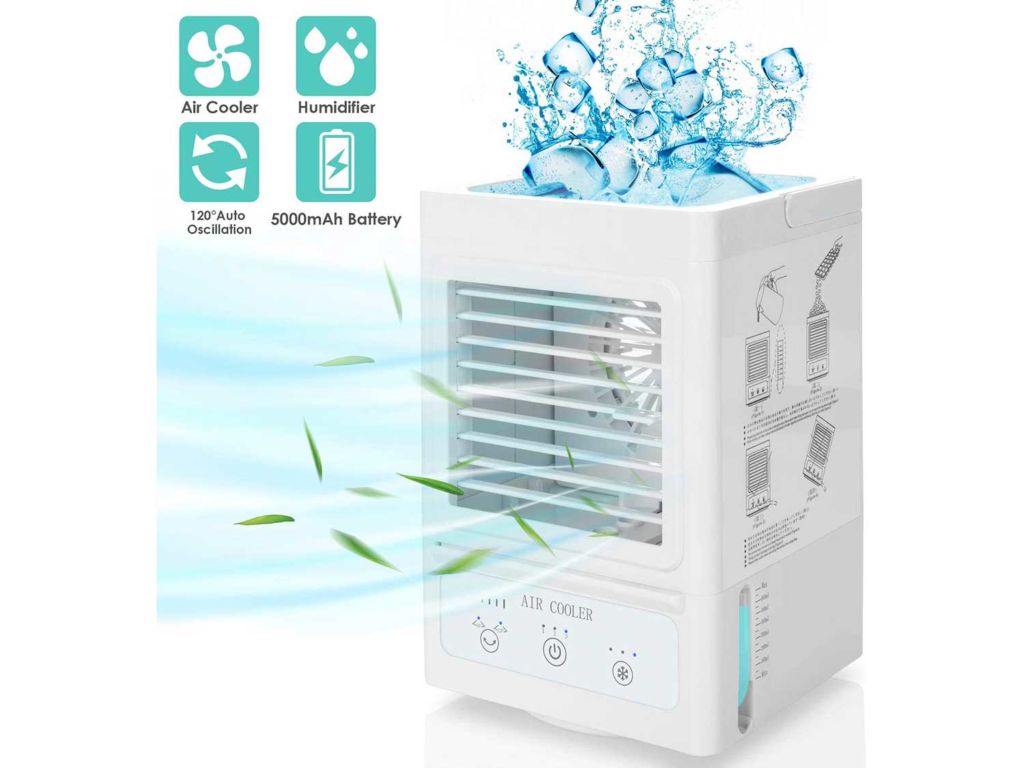 Portable Air Conditioner, 5000mAh Rechargeable Battery Operated 120°Auto Oscillation Personal Mini Air Cooler with 3 Wind Speeds, 3 Cooling Levels, Perfect for Office Desk, Dorm, Bedroom and Outdoors