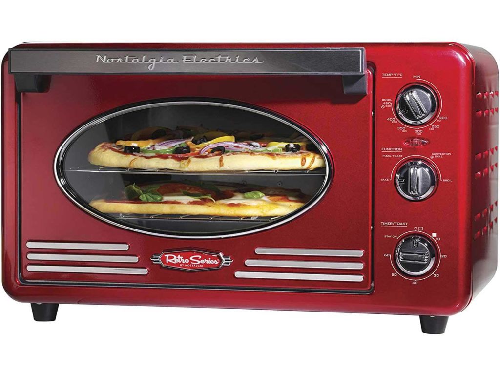 Nostalgia RTOV2RR Large-Capacity 0.7-Cu. Ft. Capacity Multi-Functioning Retro Convection Toaster Oven, Fits 12 Slices of Bread and Two 12-Inch Pizzas, Built In Timer, Includes Baking Pan,Metallic Red