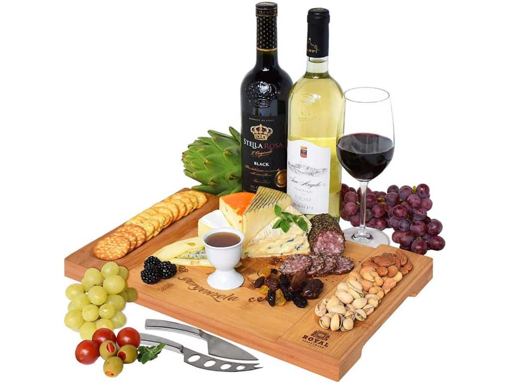 Unique Bamboo Cheese Board, Charcuterie Platter & Serving Tray for Wine, Crackers, Brie and Meat. Large & Thick Wooden Server - Fancy House Warming Gift & Perfect Choice for Gourmets (Bamboo)