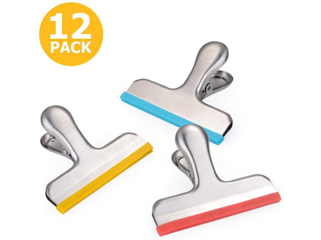 House Again 12 Pack Chip Bag Clips Covered with Silicone - NO More Sharp Edges - Color Coded with 3 Different Colors Perfect for Food Bags - Air Tight Seal, Heavy Duty, 3 Inches Wide