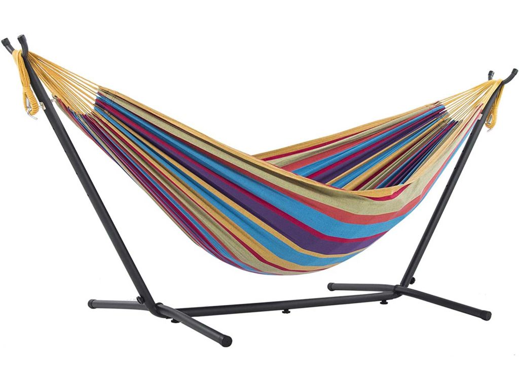 Vivere Double Cotton Hammock with Space Saving Steel Stand, Tropical (450 lb Capacity - Premium Carry Bag Included)