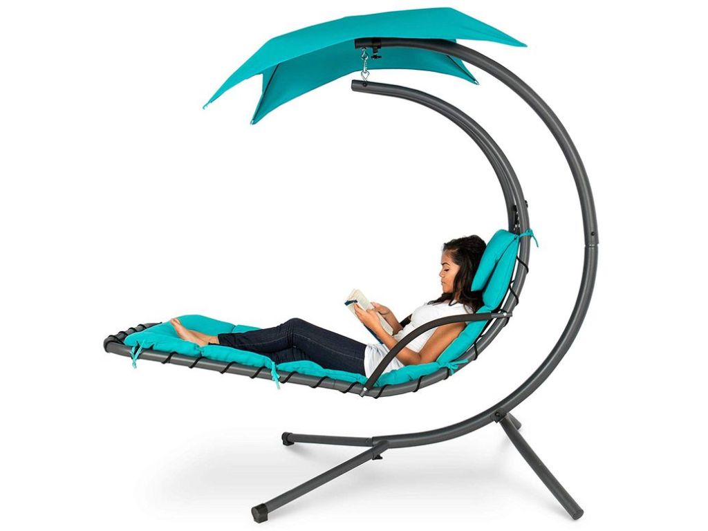 Best Choice Products Outdoor Hanging Curved Steel Chaise Lounge Chair Swing w/Built-in Pillow and Removable Canopy, Teal