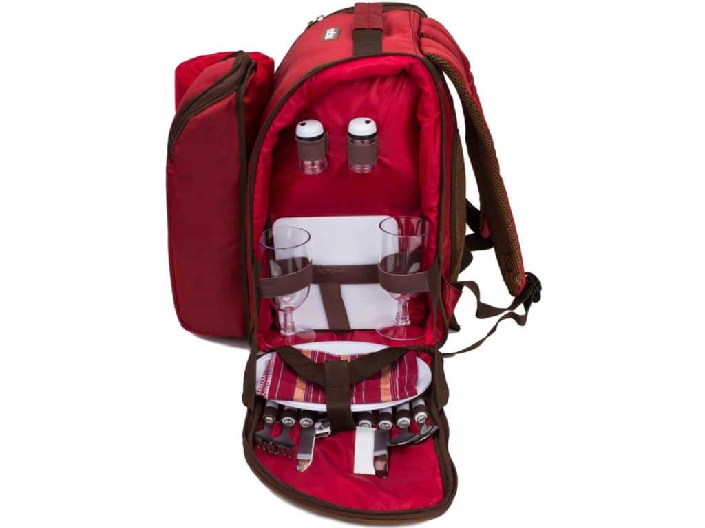apollo walker 2 Person Red Picnic Backpack with Cooler Compartment Includes Tableware & Fleece Blanket 45"x53"(red)
