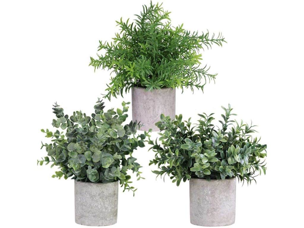 Winlyn Mini Potted Plants Artificial Eucalyptus Boxwood Rosemary Greenery in Pots Faux Potted Herbs Small Houseplants 8.3"-9" Tall for Indoor Greenery Tabletop Décor Centerpiece 3 Pack