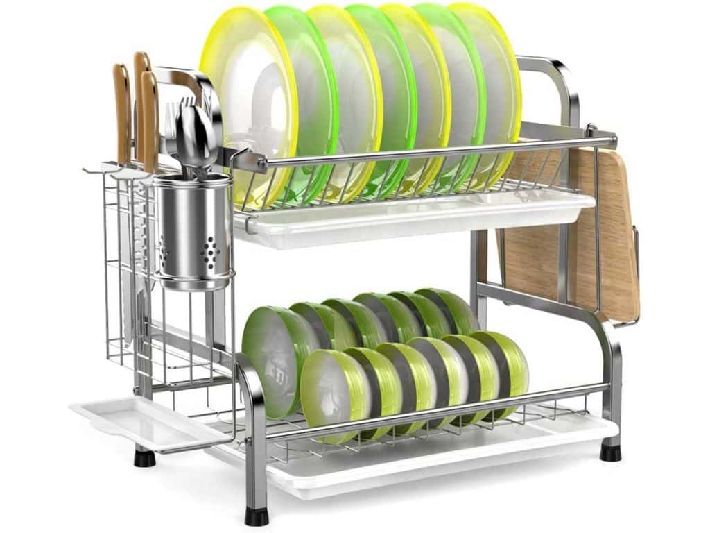 Dish Drying Rack, iSPECLE 304 Stainless Steel 2-Tier Dish Rack with Utensil Holder, Cutting Board Holder and Dish Drainer for Kitchen Counter