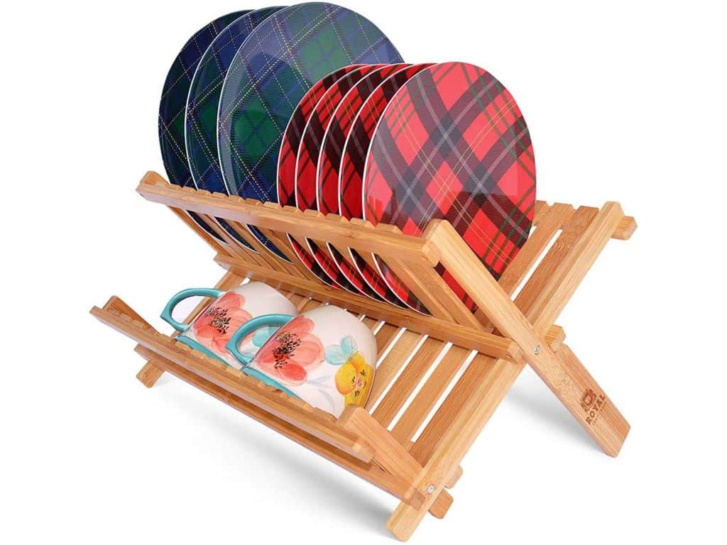 Bamboo 2 Tier Dish Drying Rack - Collapsible Dish Drainer Utensil Rack and Best Dish Holder for Kitchen Countertop by Royal Craft Wood