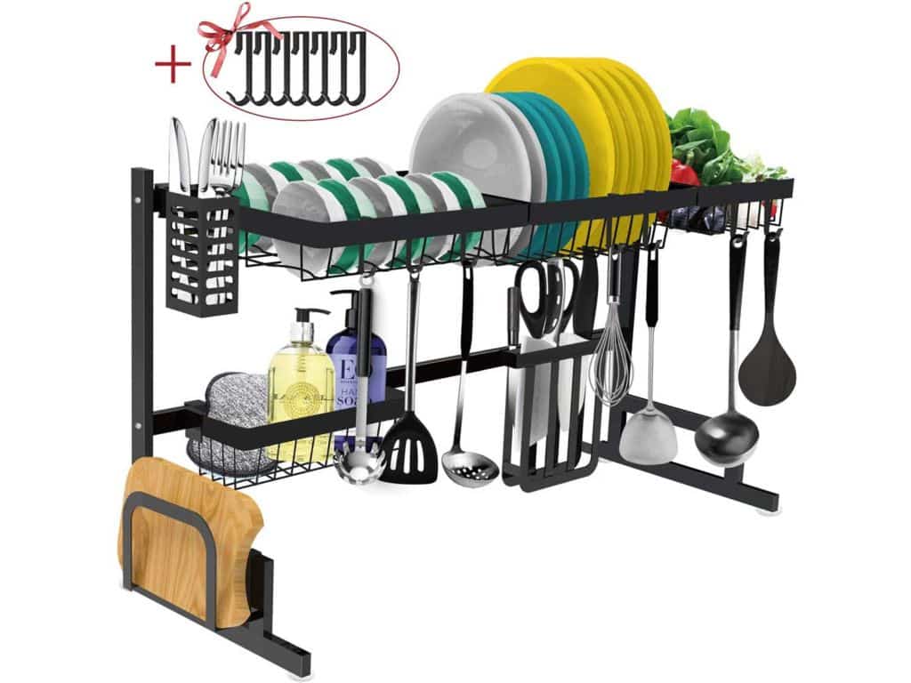 Dish Drying Rack Over the Sink -Adjustable Large Dish Rack Drainer for Kitchen Organizer Storage Space Saver Shelf Utensils Holder with 7 Utility Hooks Dish Rack Over Sink (32≤ Sink Size ≤ 39.5 inch)
