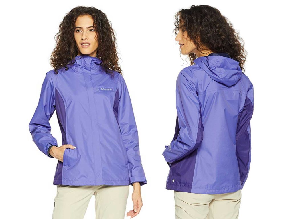 woman wearing purple rain jacket