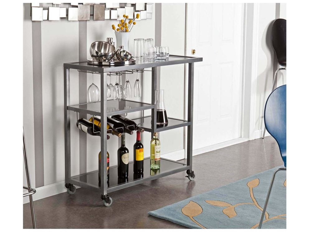SEI Furniture Zephs Metal and Tempered Glass Locking Castor Wheels Bar Cart, 40 W x 16 D x 37.25 H, Gunmetal, Black