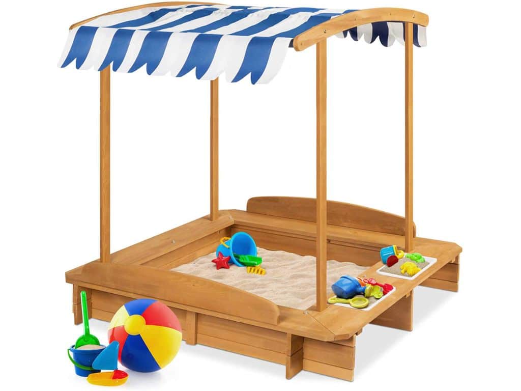 Best Choice Products Wooden Cabana Sandbox w/ Bench Seats, UV-Resistant Canopy, Sandpit Cover, Side Buckets - Natural