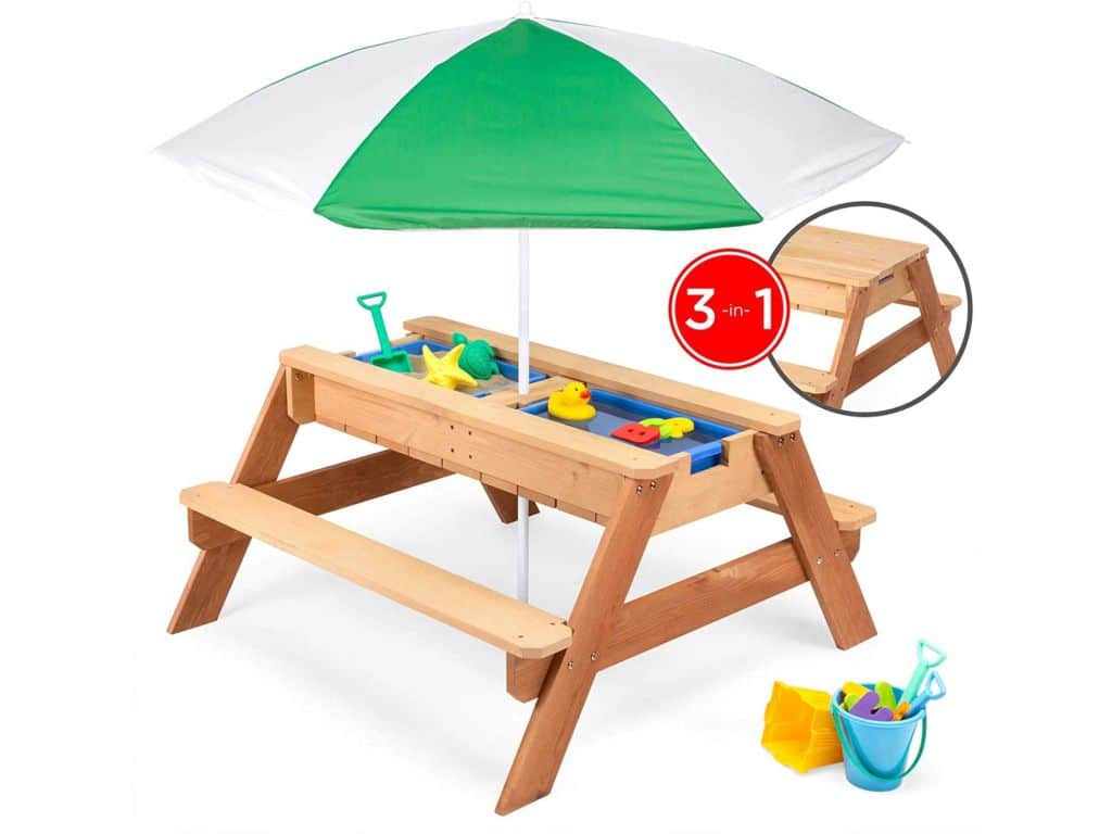 Best Choice Products Kids 3-in-1 Outdoor Convertible Wood Activity Sand & Water Picnic Table w/ Umbrella, 2 Play Boxes