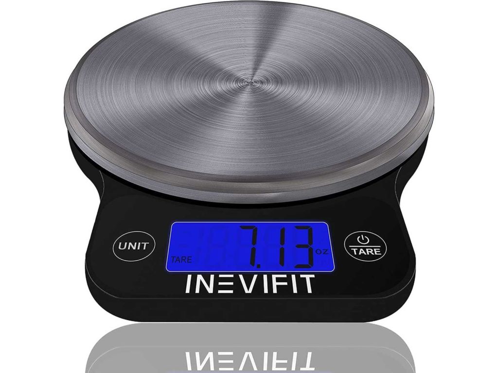 INEVIFIT DIGITAL KITCHEN SCALE, Highly Accurate Multifunction Food Scale 13 lbs 6kgs Max, Clean Modern Black with Premium Stainless Steel Finish. Includes Batteries & 5-Year Warranty