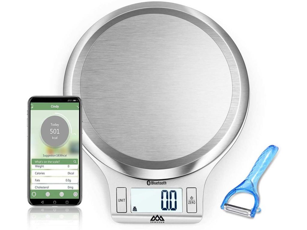Nutri Fit Smart Digital Kitchen Food Scale with Vegetable Peeler - Accurate Nutrition Scale with App, Baking Cooking and Tracking Calories Intake, Bluetooth (Silver)