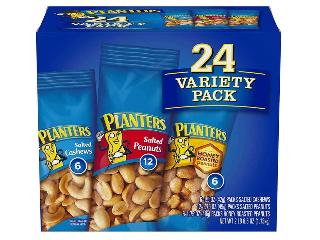 PLANTERS Variety Packs (Salted Cashews, Salted Peanuts & Honey Roasted Peanuts), 24 Packs - Individual Bags of On-the-Go Nut Snacks - No Cholesterol or Trans Fats - Source of Fiber and Healthy Fats