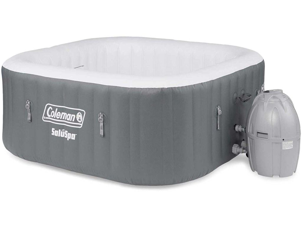 Coleman 15442-BW SaluSpa 4 Person Portable Inflatable Outdoor Square Hot Tub Spa with 114 Air Jets, Tub Cover, Pump, Chemical Floater and 2 Filter Cartridges, Gray