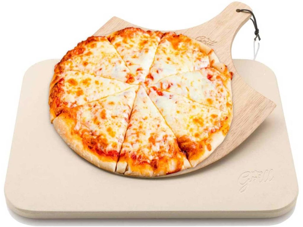 Pizza Stone by Hans Grill Baking Stone For Pizzas use in Oven and Grill / BBQ FREE Wooden Pizza Peel Rectangular Board 15 x 12 " Inches Easy Handle Baking | Bake Grill, For Pies, Pastry Bread, Calzone