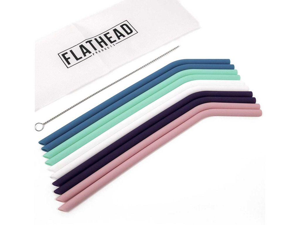 Flathead Set of 10 Reusable Silicone Drinking Straws - Extra long for 30oz and 20oz tumblers - Comes with cleaning brush