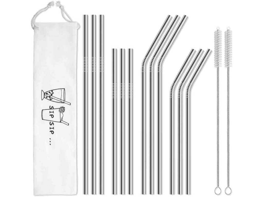 Hiware 12-Pack Reusable Stainless Steel Metal Straws with Case - Long Drinking Straws for 30 oz and 20 oz Tumblers Yeti Dishwasher Safe - 2 Cleaning Brushes Included