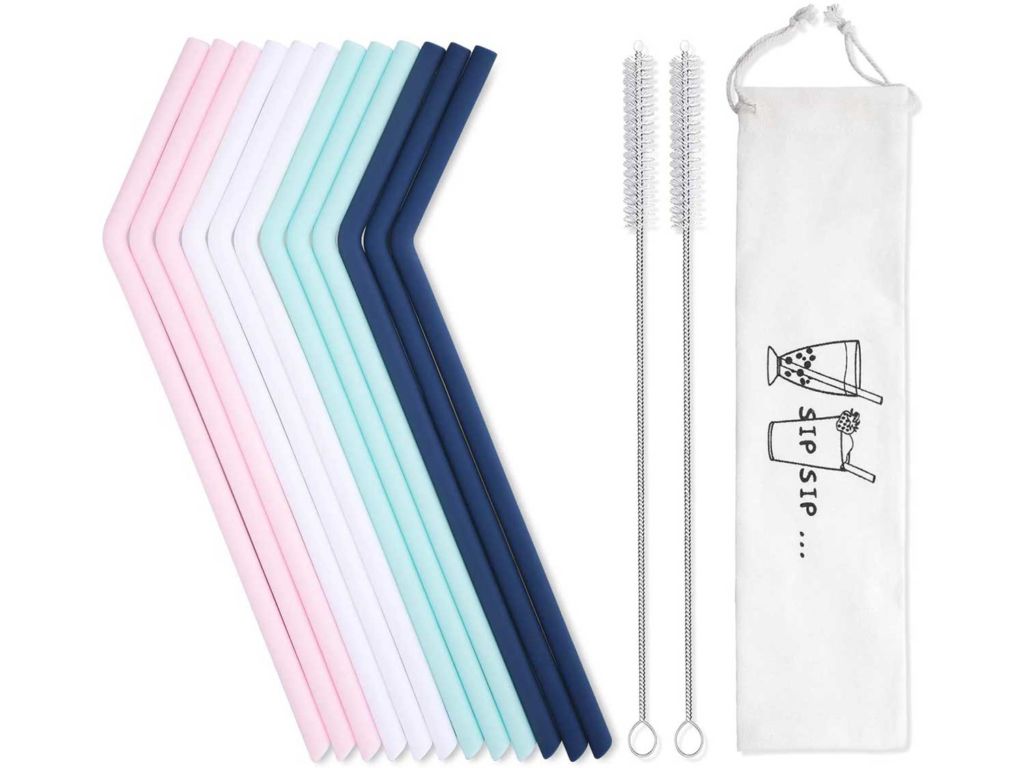 12 Pack Reusable Silicone Drinking Straws with Case - Regular Size - Long Flexible Straws for 20oz and 30oz Tumblers, 2 Cleaning Brushes Included