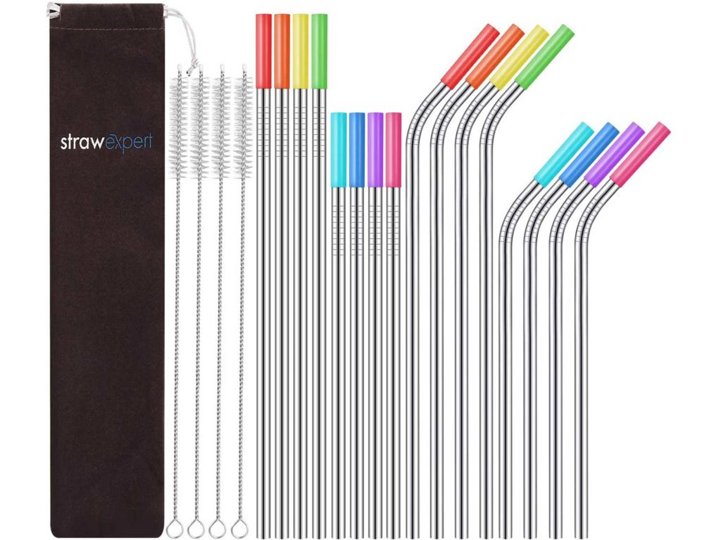 StrawExpert Set of 16 Reusable Stainless Steel Straws with Travel Case Cleaning Brush Silicone Tips Eco Friendly Extra Long Metal Straws Drinking for 20 24 30 oz Fit Yeti Tervis Rtic Tumbler