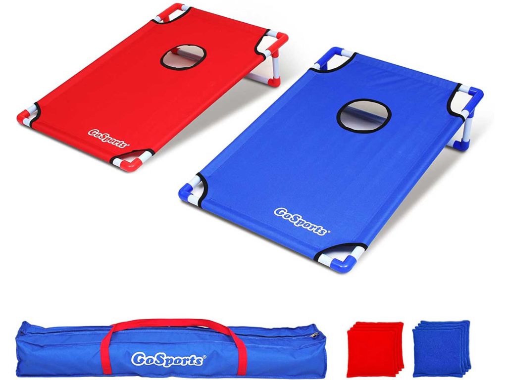 GoSports Portable PVC Framed Cornhole Toss Game Set with 8 Bean Bags and Travel Carrying Case - Choose American Flag Design, Red & Blue or Football