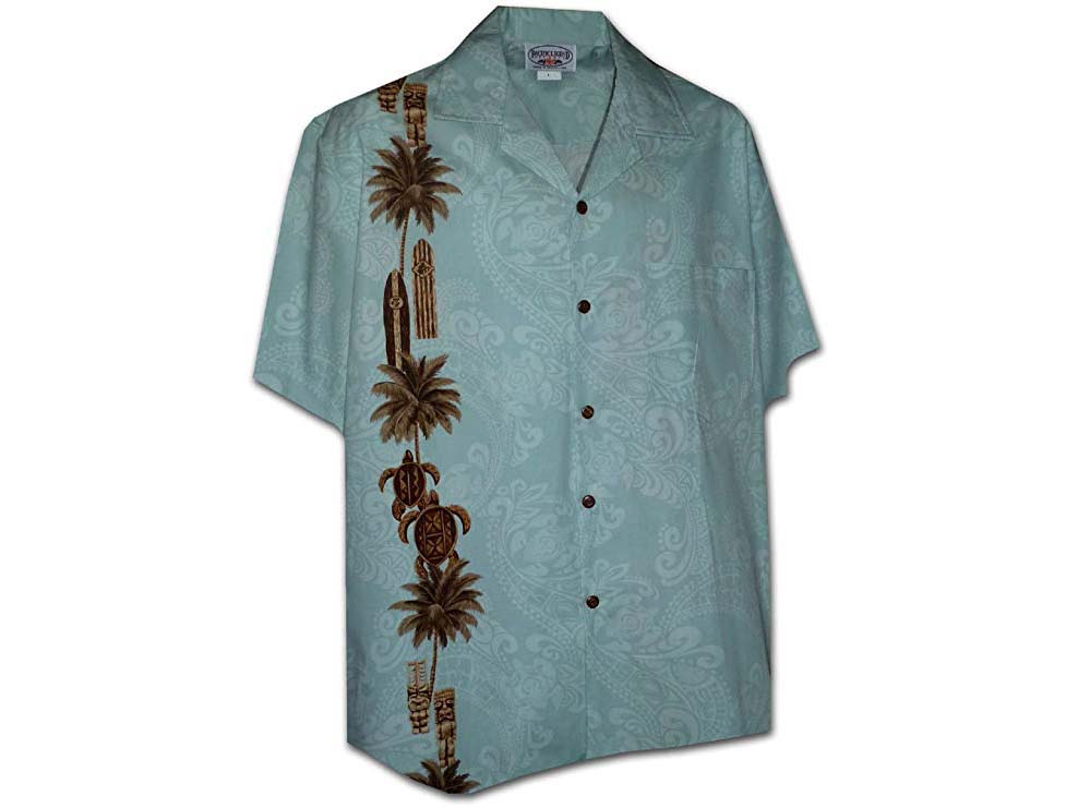 Teal Hawaiian Tiki Panel Aloha Shirt