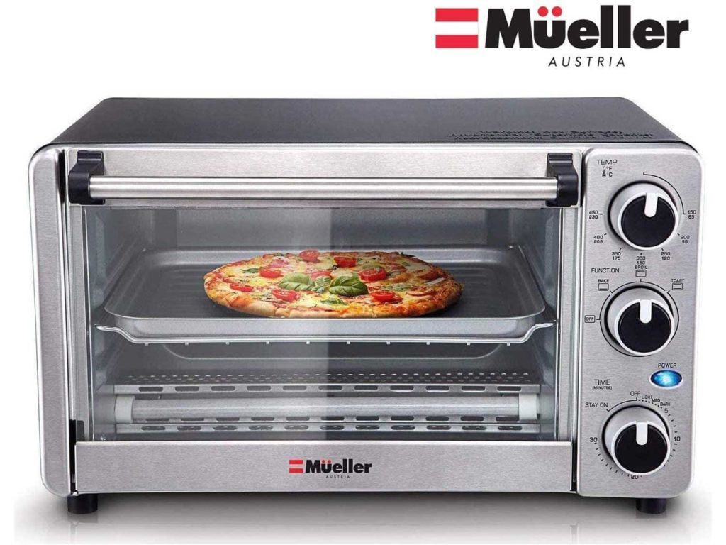 Toaster Oven 4 Slice, Multi-function Stainless Steel Finish with Timer - Toast - Bake - Broil Settings, Natural Convection - 1100 Watts of Power, Includes Baking Pan and Rack by Mueller Austria