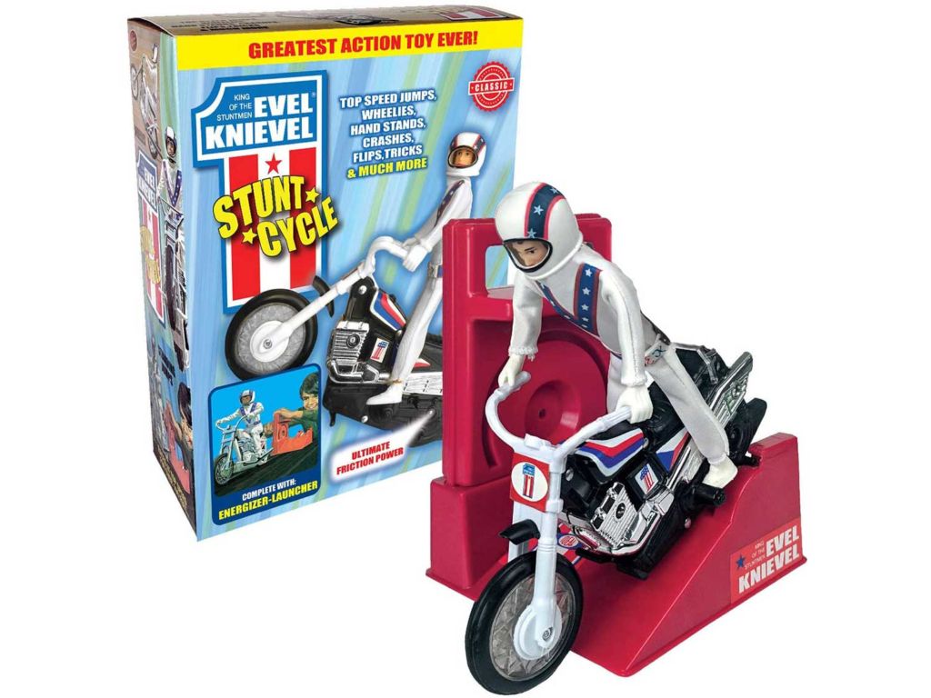 The Amazing Wind-up and go Extreme Evel Knievel Stunt Cycle with Energizer Launcher and Stunt Trail Bike - The 1970's Sensation is Back