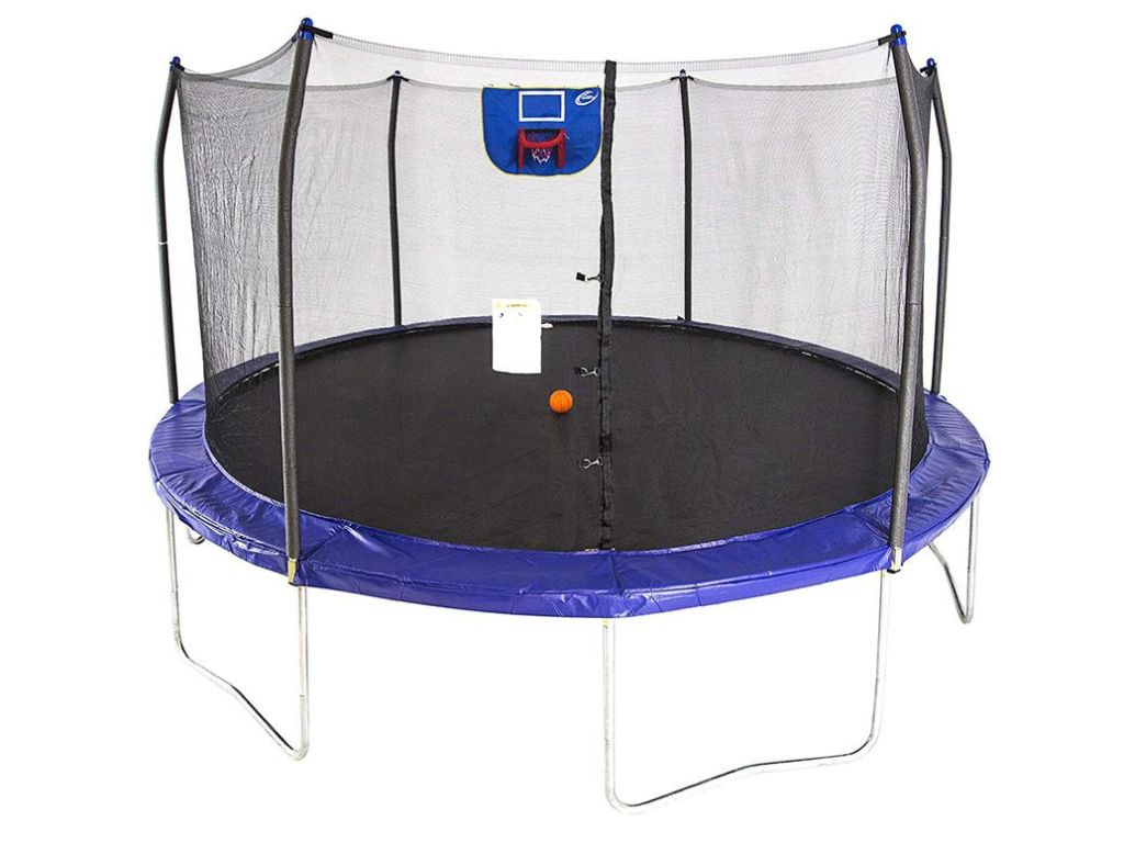 Skywalker Trampolines 15-Foot Jump N’ Dunk Trampoline with Enclosure Net - Basketball Trampoline