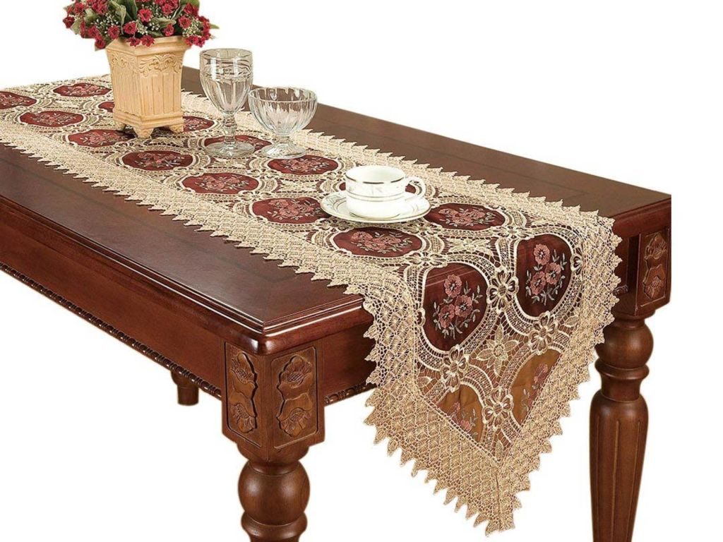 Vintage Gold Burgundy Lace Table Runner