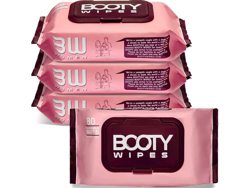 BOOTY WIPES for Women - 320 Flushable Wet Wipes for Adults, Feminine Wipes, pH Balanced (320 Wipes Total - 4 Flip-Top Packs of 80) Wipes for Women, Infused with Vitamin-E & Aloe
