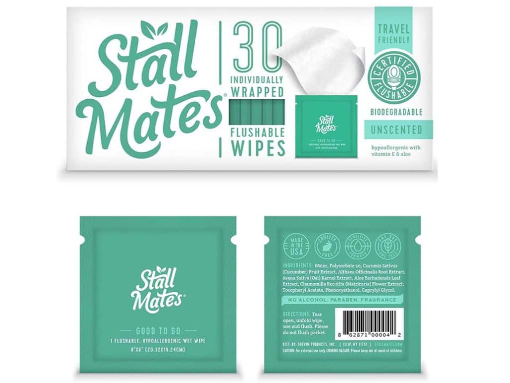 Stall Mates: Flushable, individually wrapped wipes for travel. Unscented with Vitamin-E & Aloe, 100% Biodegradable (30 on-the-go singles)