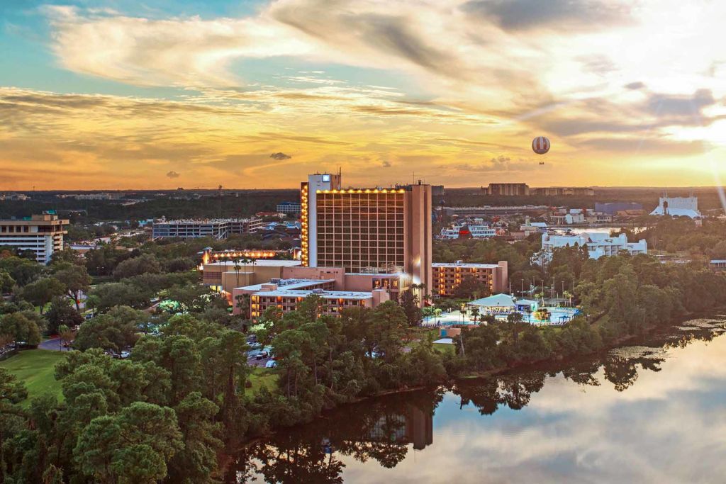 A beautiful aerial view of Disney Springs from the Wyndham Lake Buena Vista Resort