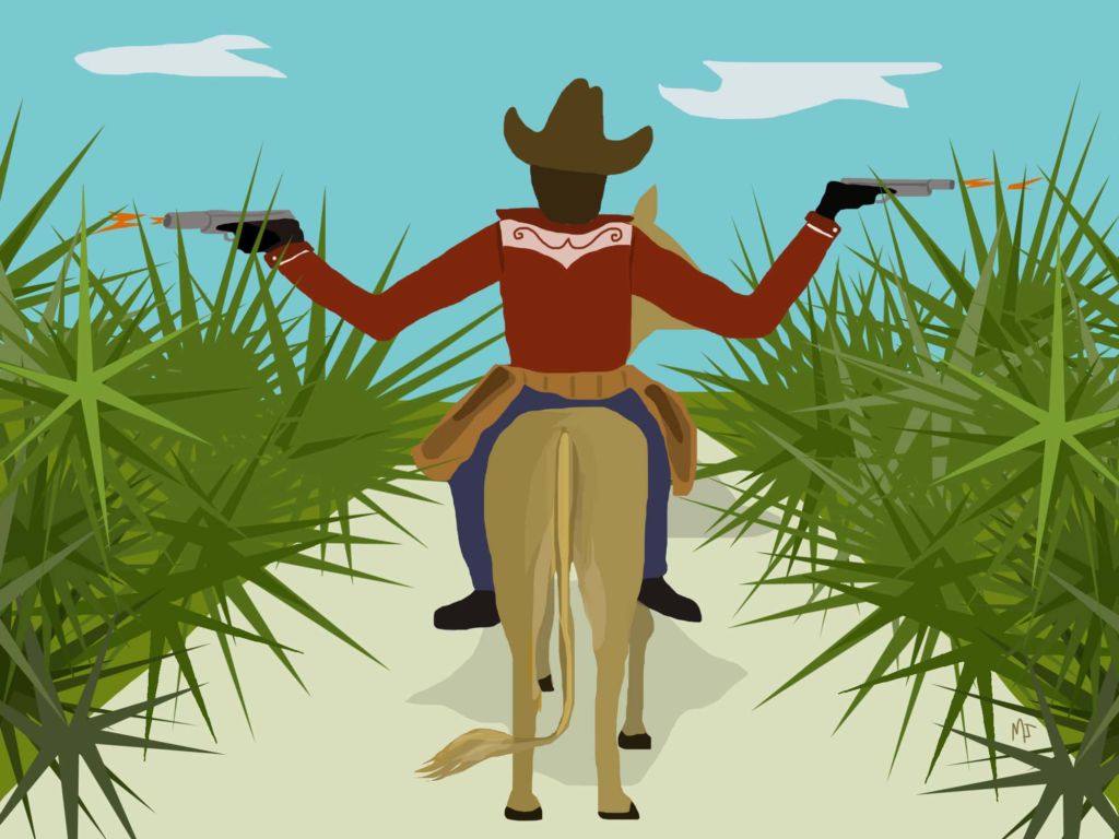 Illustration of cowboy on a pony firing guns