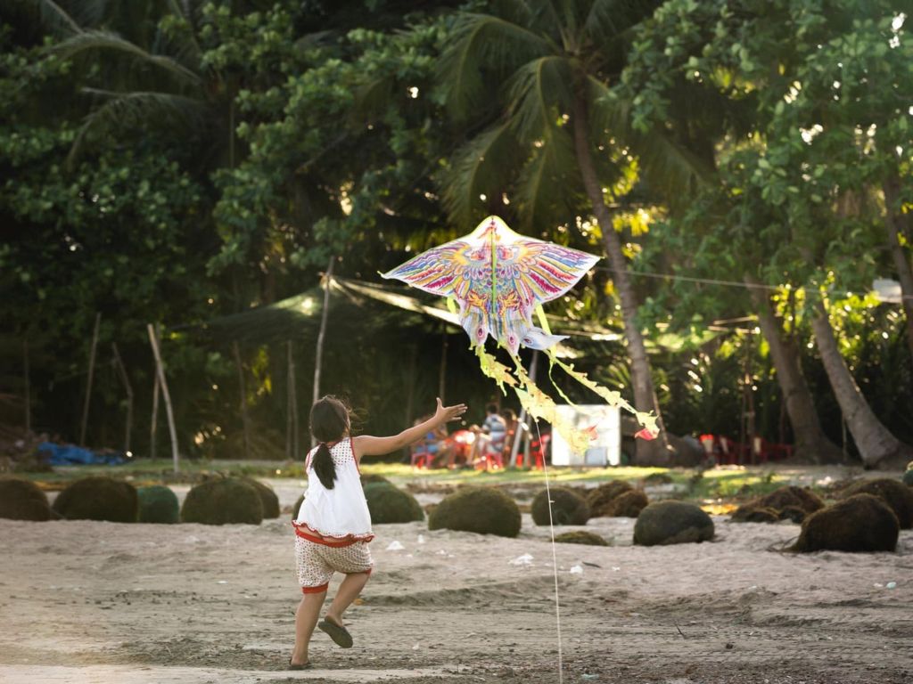 Young Child Playing with kite at beach