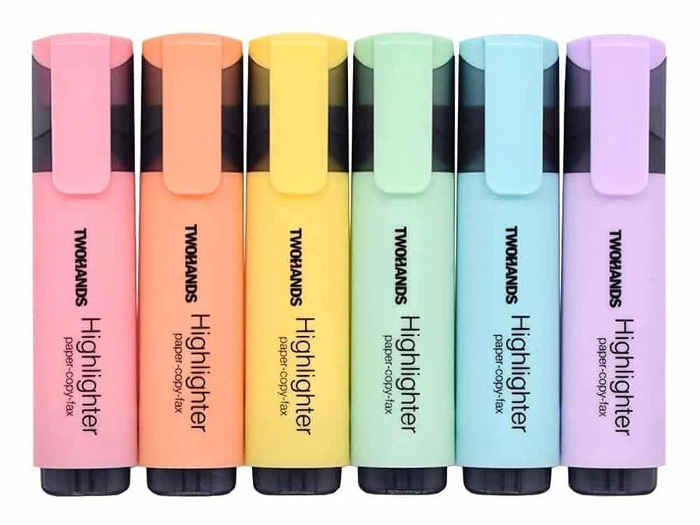 TWOHANDS Highlighter, Chisel Tip Marker Pen, 6 Assorted Pastel Colors, for Adults & Kids, with Large Ink Reservoir for Extra Long Marking Performance 20079