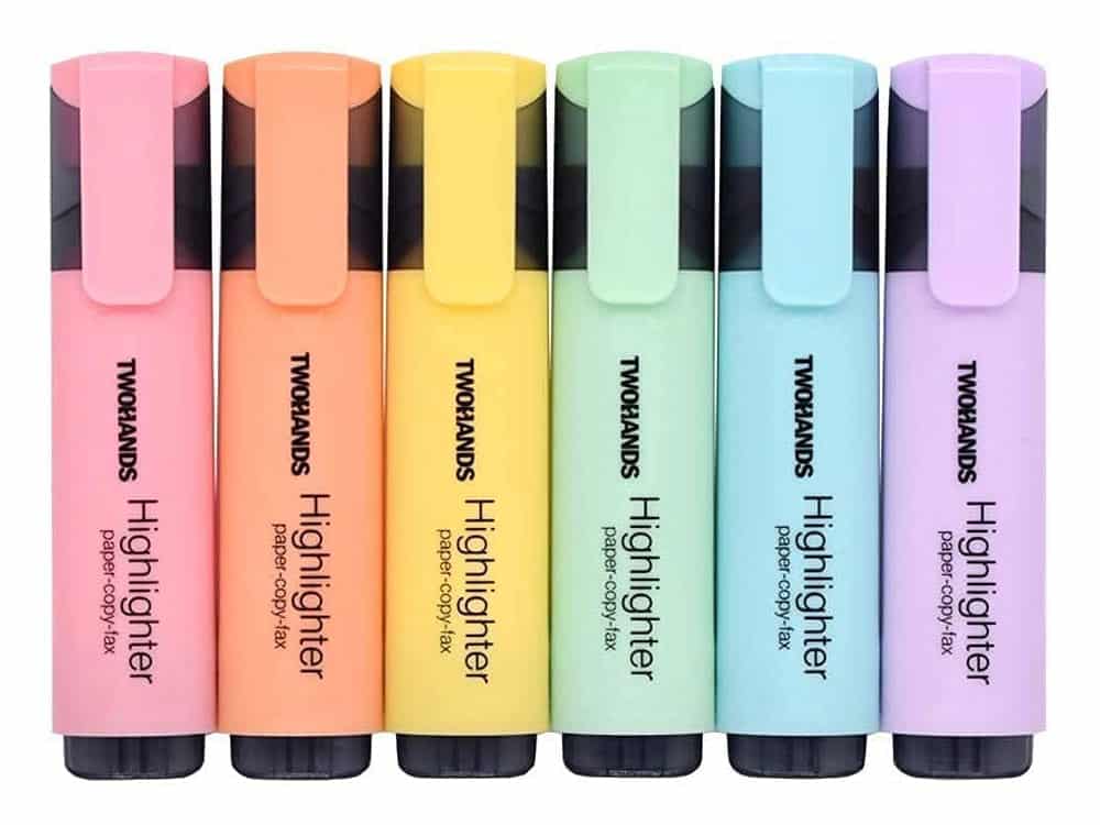 TWOHANDS Highlighter, Chisel Tip Marker Pen, 6 Assorted Pastel Colors, for Adults & Kids, with Large Ink Reservoir for Extra Long Marking Performance 20079
