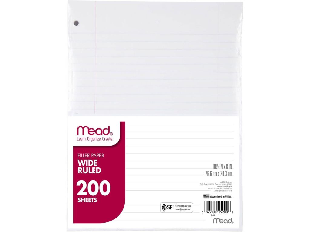 Mead Loose Leaf Paper, Wide Ruled, 200 Sheets, 10-1/2" x 8", Lined Filler Paper, 3 Hole Punched for 3 Ring Binder, Writing & Office Paper, Perfect for College, K-12 or Homeschool, 3 Pack (73183)